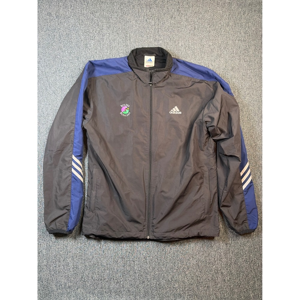Vintage Adidas Bolder Boulder Mens Medium Black Blue Full Zip Windbreaker Jacket
